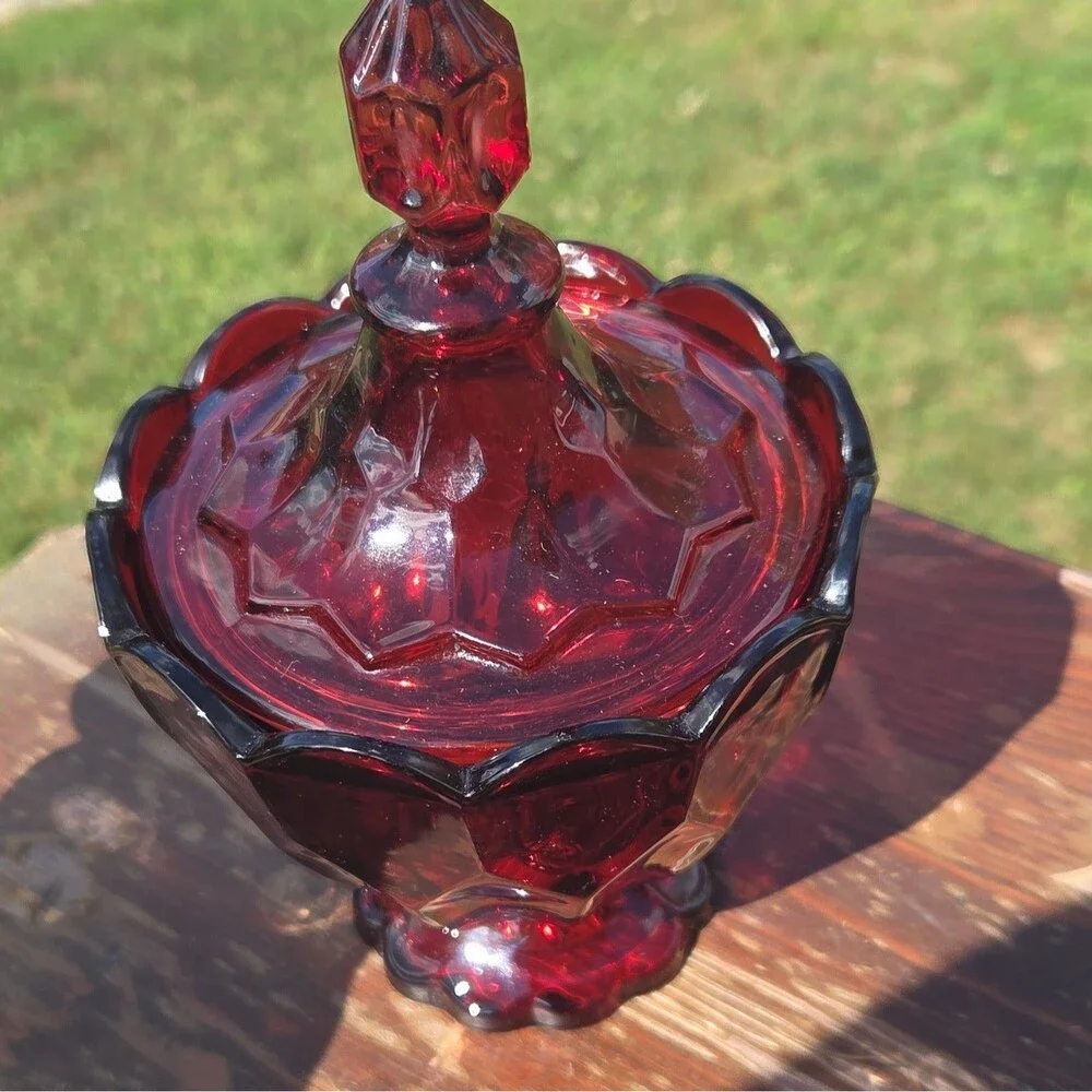 Vintage Red Glass Covered Bowl w/ Lid | Decorative Two-Piece Set